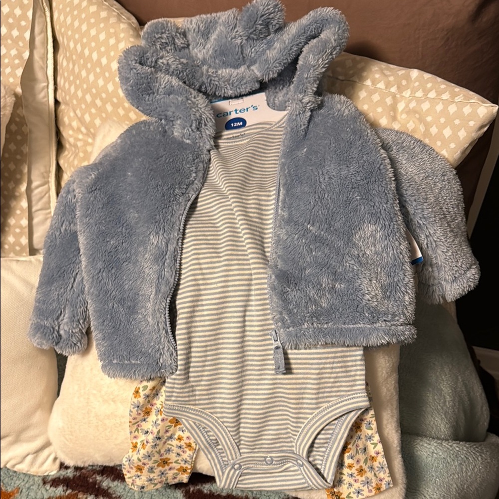 Three piece set - Blue Fuzzy Baby Jacket and Striped Onesie and floral pants Set